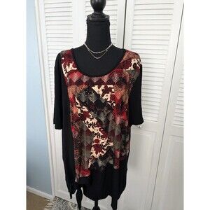 Avenue Top Womens Sz 18/20 Black Red Art to Wear Abstract Knit Tunic Stretch Tie